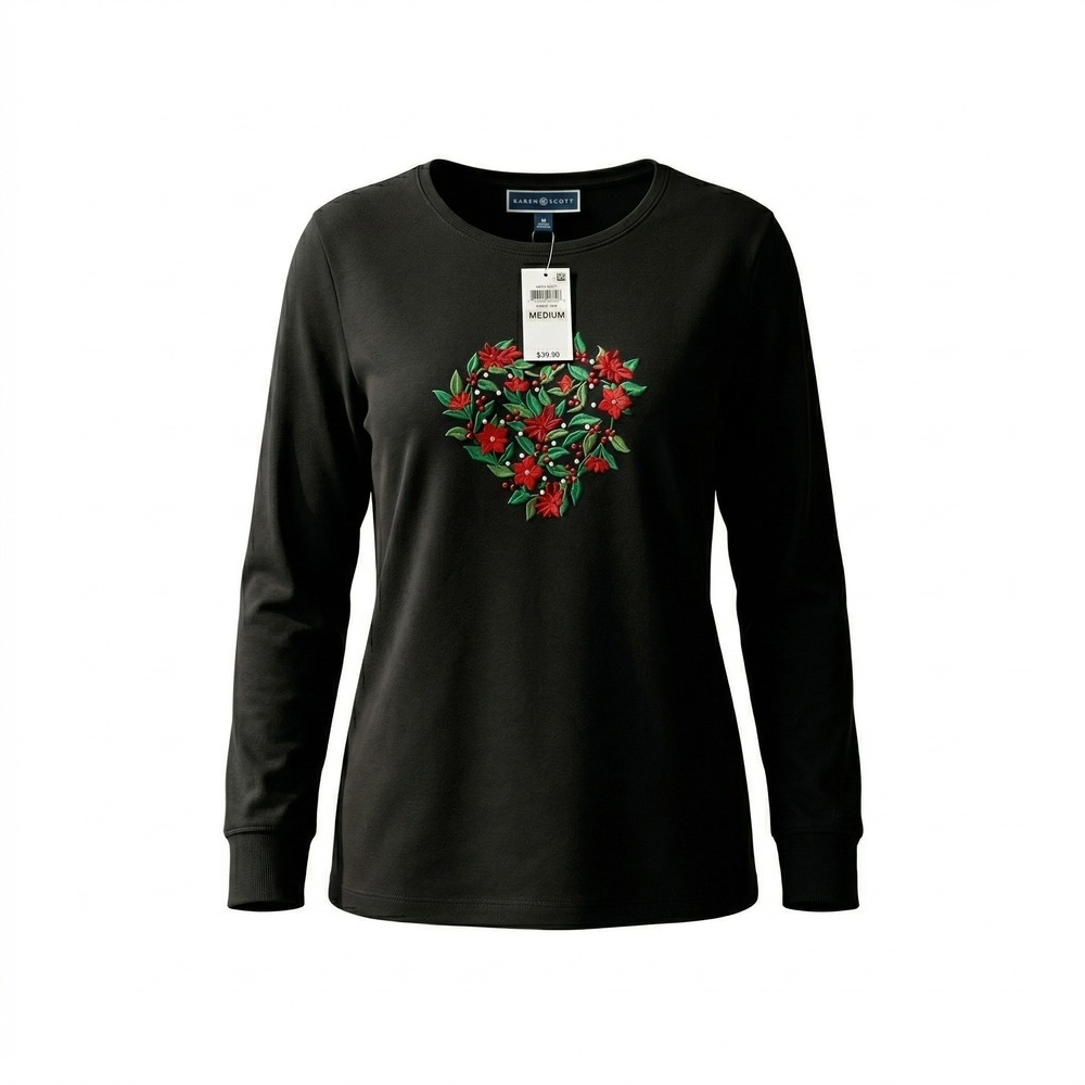 Karen Scott Whimsy Black Cotton Embroidered Floral Heart‎ Long Sleeve Top Medium